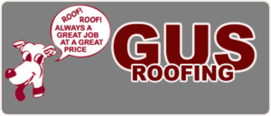 Gus Roofing Logo with Dog on the Left Side and Red "Gus Roofing" Text on the right with a size of 300 by 129 pixels