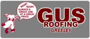 Gus Roofing Logo with Dog on the Left Side and Red "Gus Roofing" Text on the right and cursive Greeley word on the bottom part