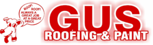 Light Red Gus Roofing Logo with Dog on the Left Side and Red "Gus Roofing" Text on the right