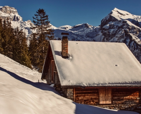 Image of roof with snows on it's roof and around it, Steep slope or low slope roof